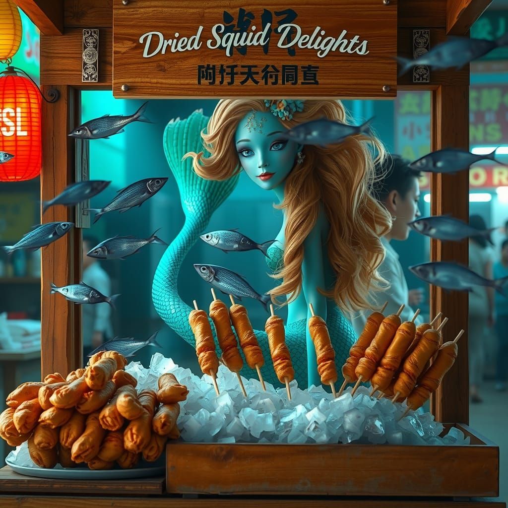 Mermaid Vendor Selling Dried Squid in Asian Market