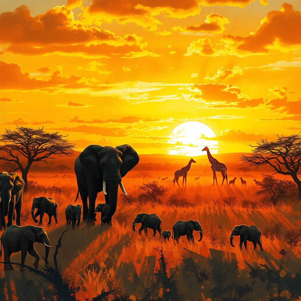 African Savannah Sunrise with Elephants and Giraffes in Warm...
