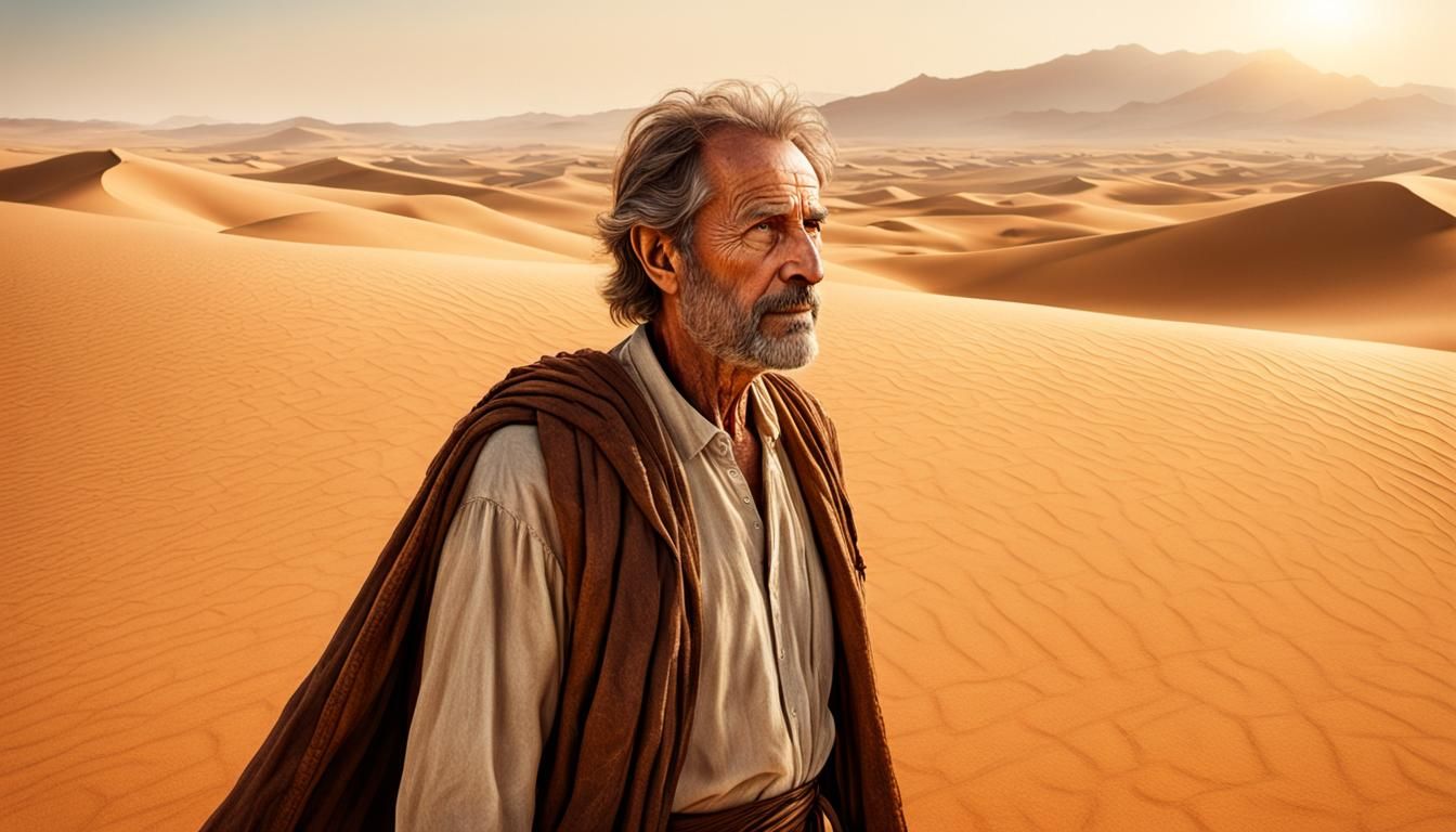 Hyperrealistic Man in Biblical Attire Strolling Desert