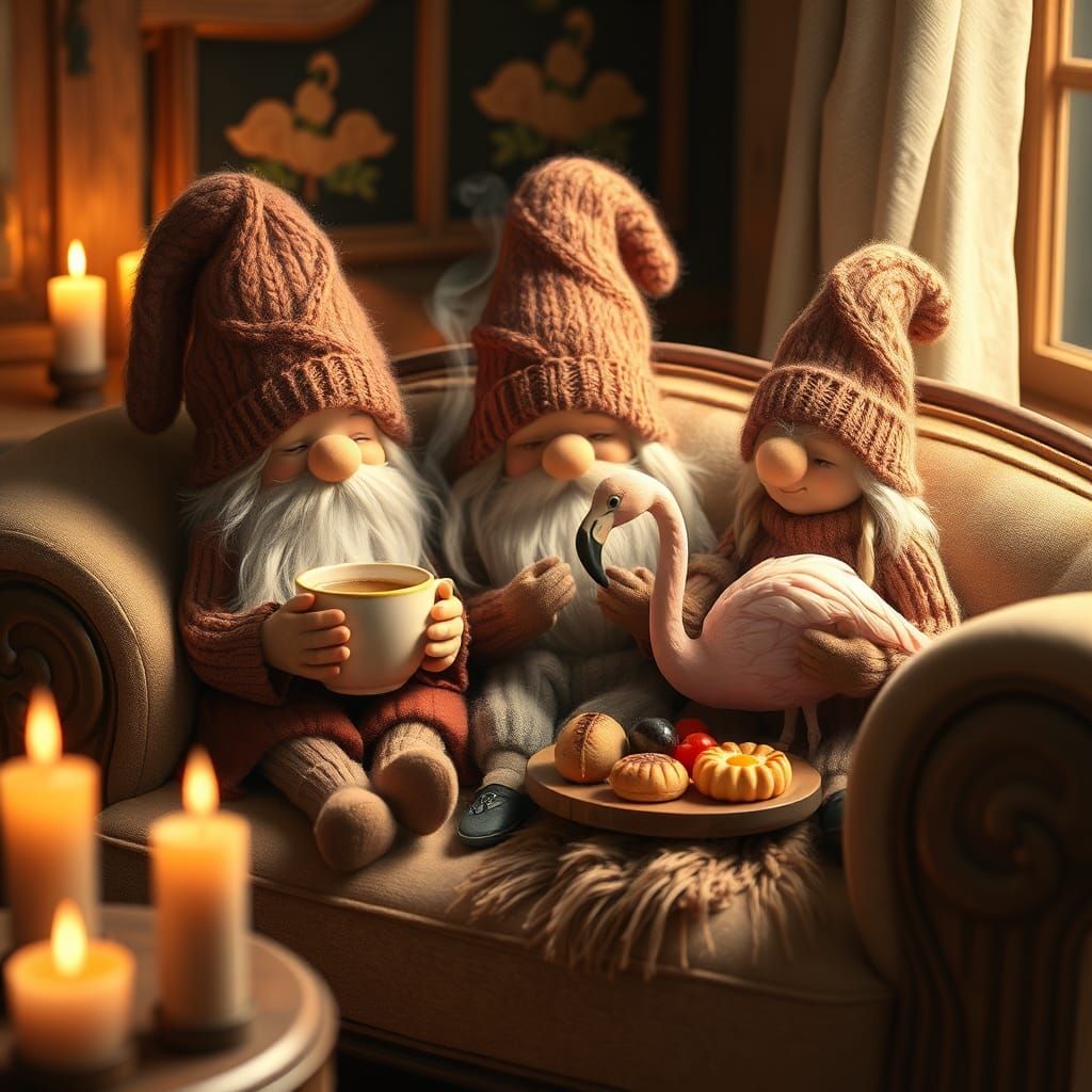 Gnomes' Cozy Coffee Break in Nordic Folk Art Style