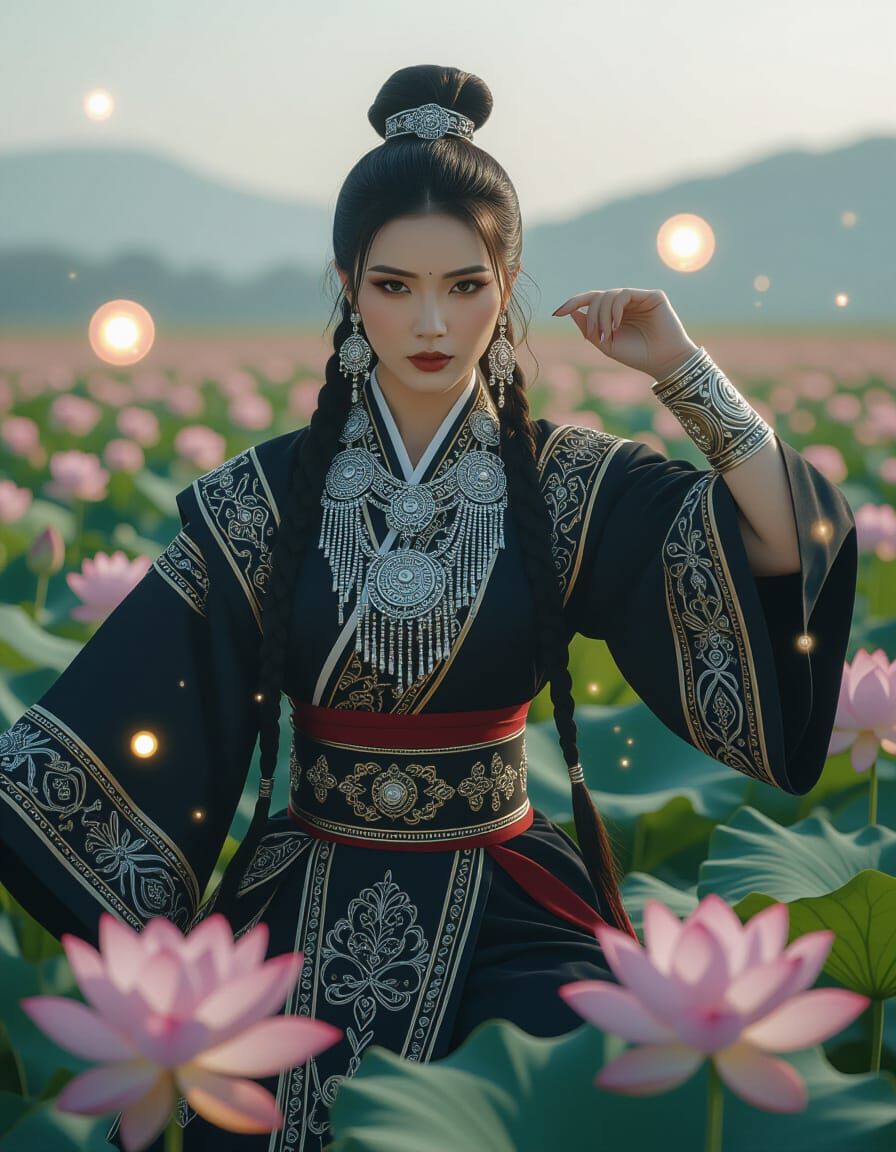 Hmong Ninja in Lotus Field: Cinematic Film Style