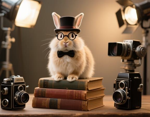 Angora Rabbit Poses with Vintage Cameras for Photography Day
