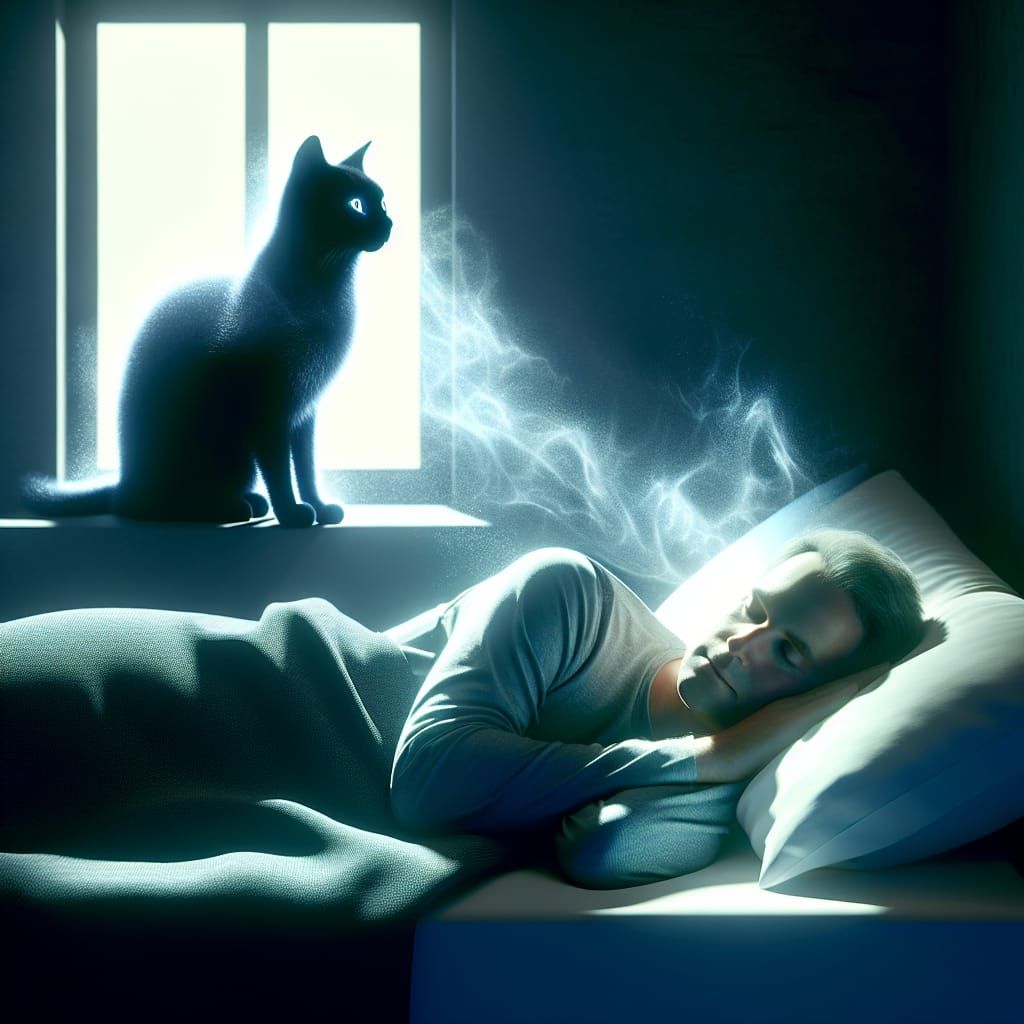 Moonlit Guardian: Spectral Cat Watching Over Sleeping Owner