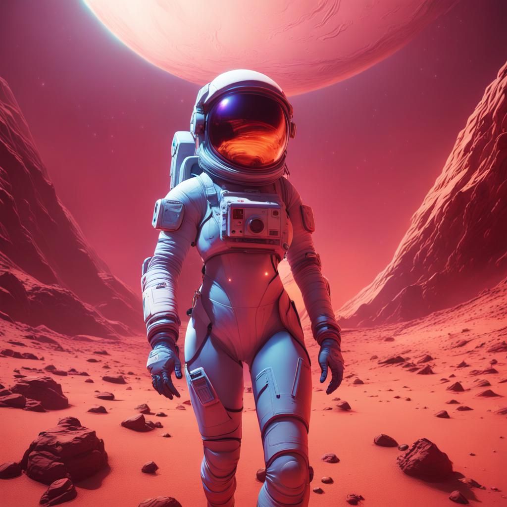 Astronaut Strides Confidently on Mars in Synthwave Style