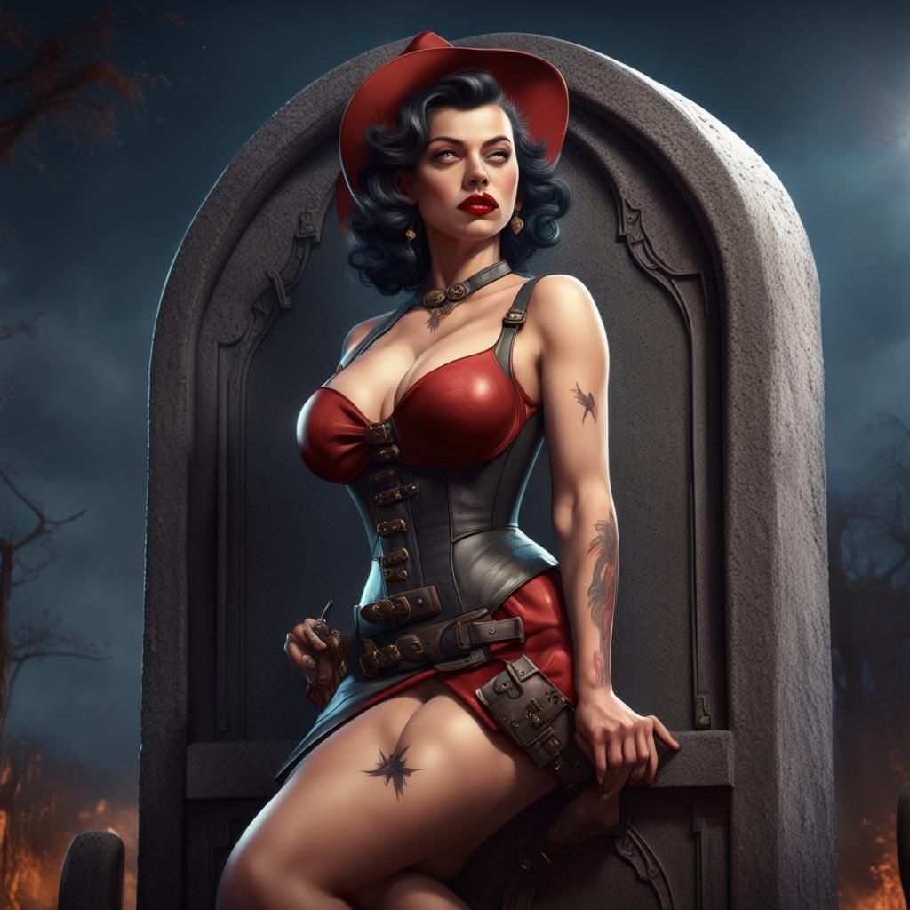 Hyperrealistic Tombstone Pinup Girl in Detailed Matte Painti...