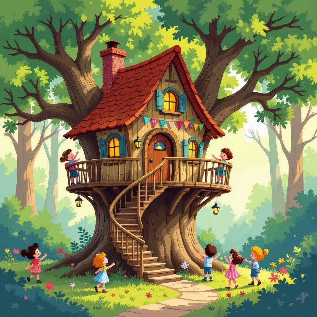 Enchanting Treehouse Scene in Children's Book Style