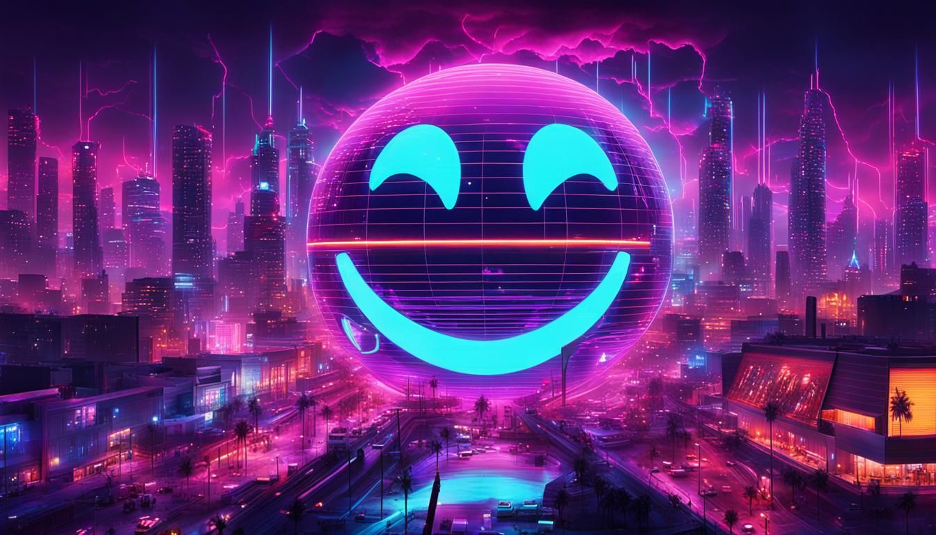 Neon Techno Empire Inside Smiley Face: Synthwave Sci-Fi Art