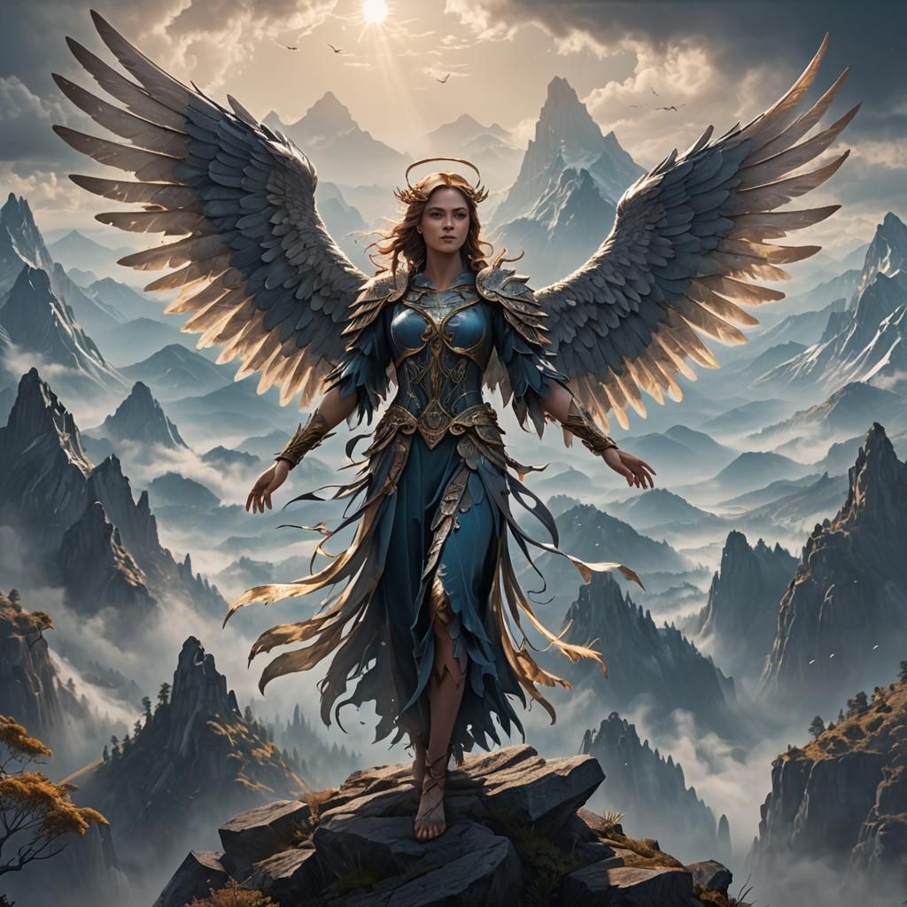 Angel with Wings in Foggy Mountain Fantasy