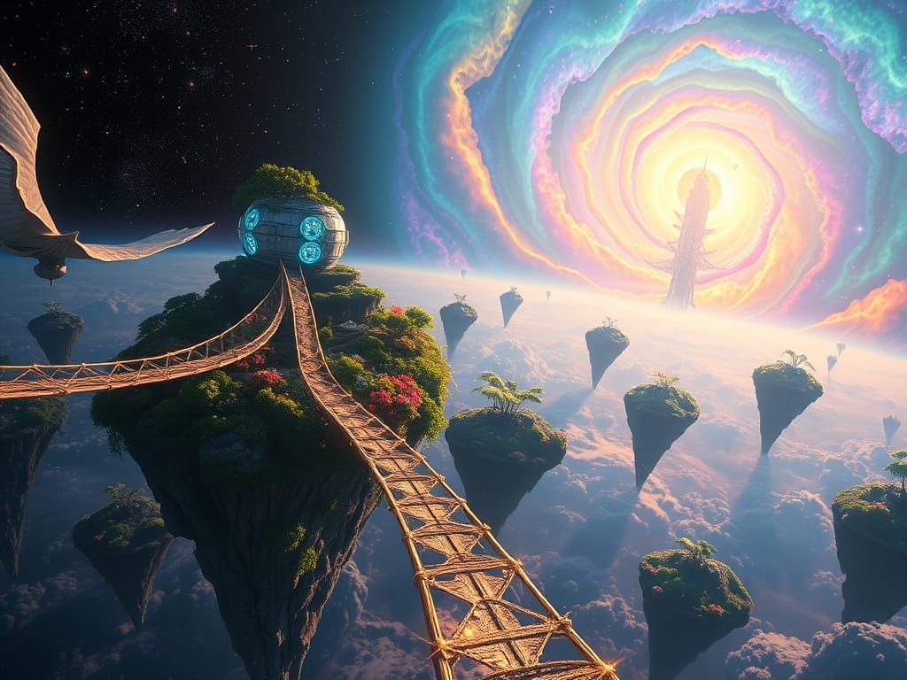 Celestial Islands Connected by Glowing Bridges Amidst Nebula