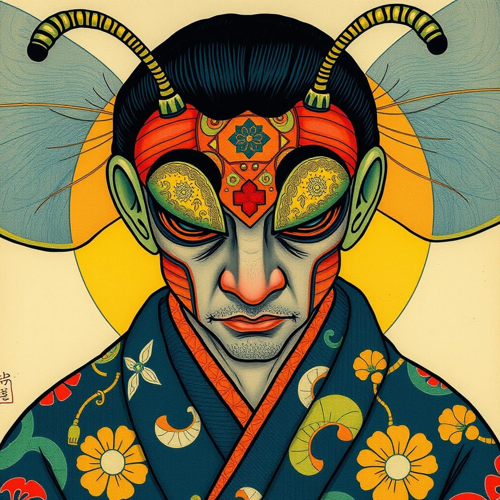 Half-Man Half-Pill Bug in Woodblock Style