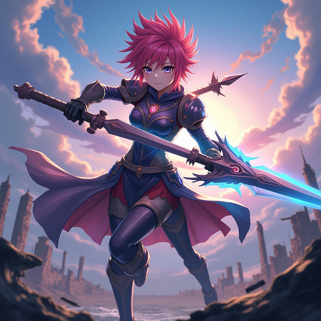 Dynamic Anime Character in Ruins, Fantasy Concept Art