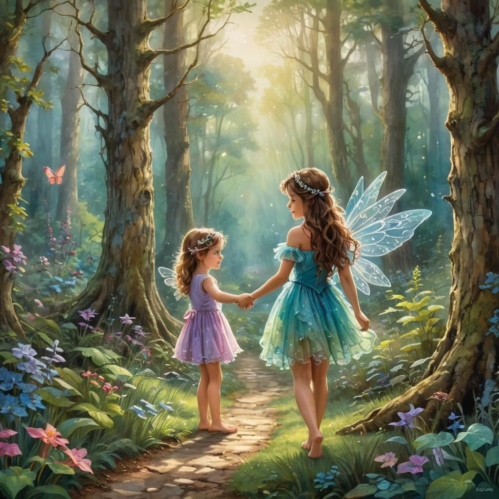 Fairy and Child in Storybook Forest, Watercolor Style