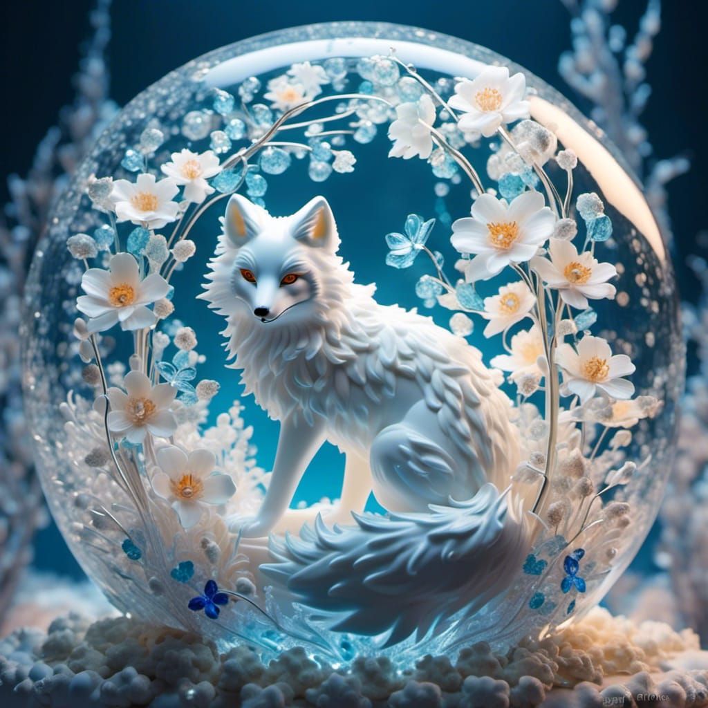 White Fox in Glass Orb with Bioluminescent Flowers