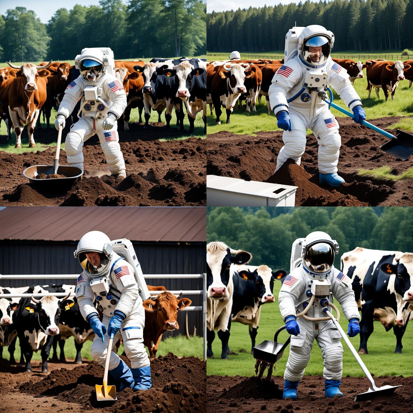 Astronaut's Farm Duty: Shoveling Manure with Cows