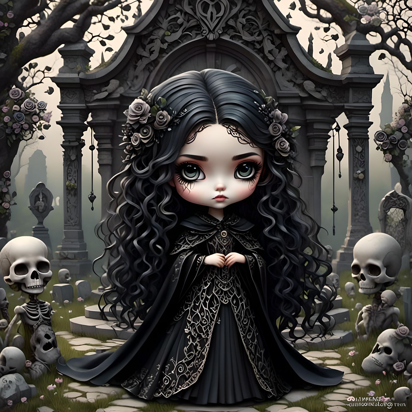 Chibi Goddess of Death in Gothic Cemetery