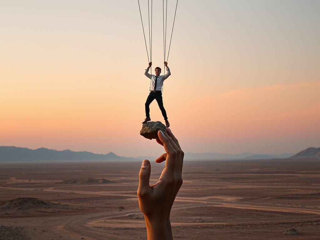 Man Levitating Above Desert in Surreal Digital Art