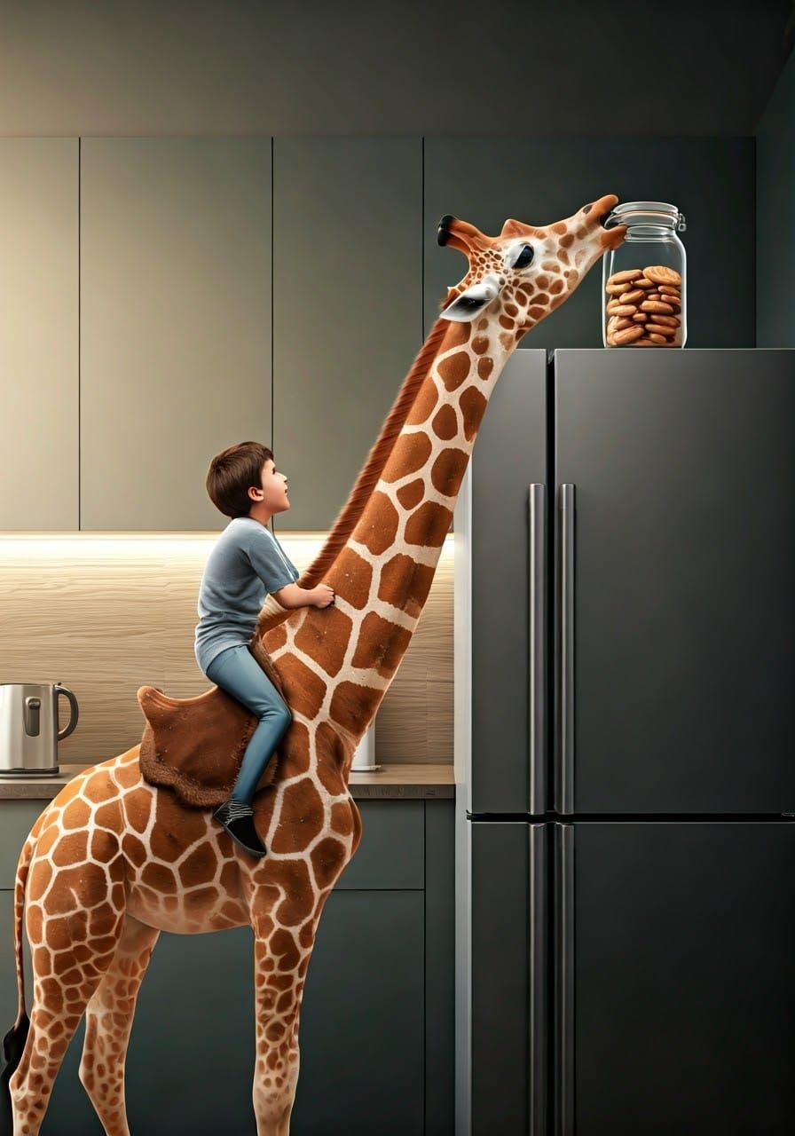 Child Riding Giraffe in Kitchen Chaos