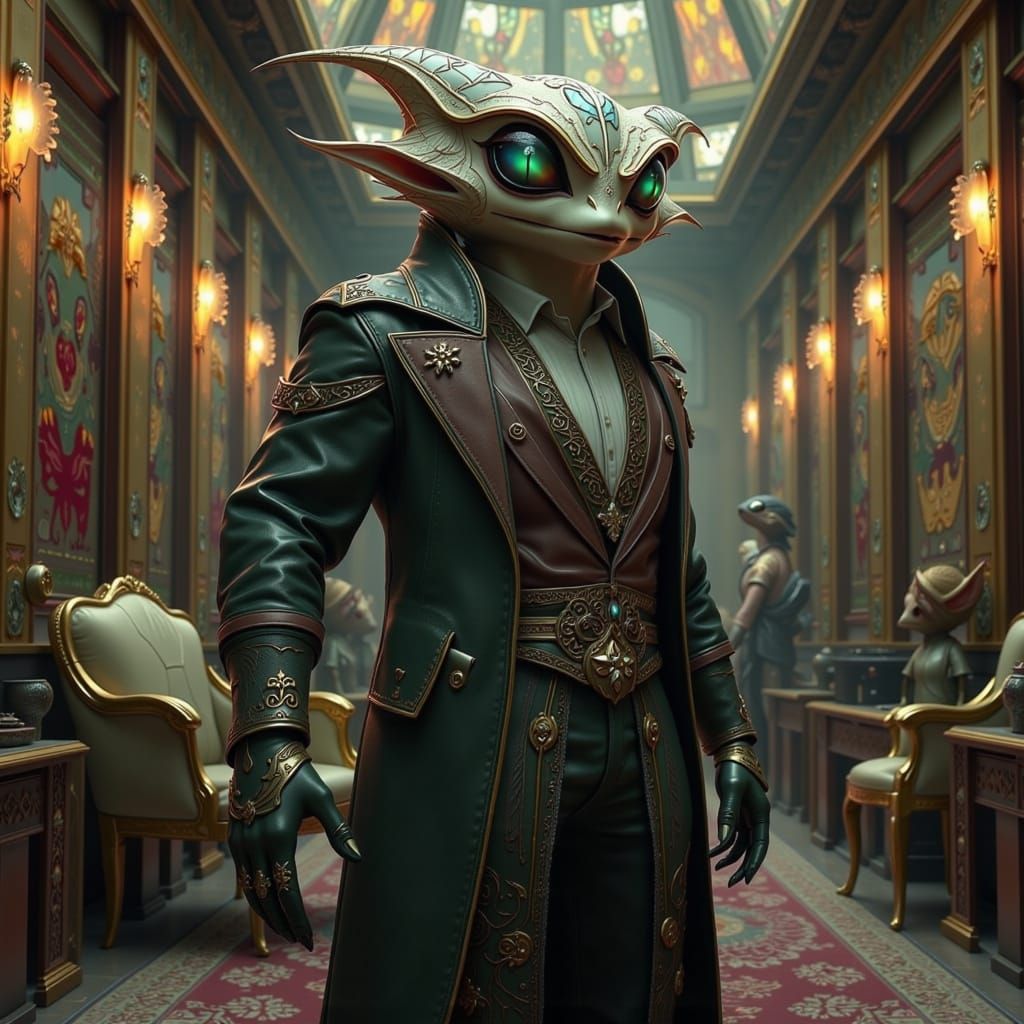 Neimoidian Businessman in Lavish Office, Dark Sci-Fi Style