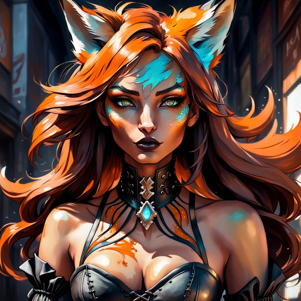 Fox Girl Portrait in Detailed Graffiti Art Style