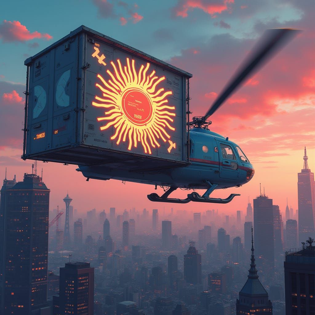 Futuristic Helicopter Advertisement in Neon Cityscape