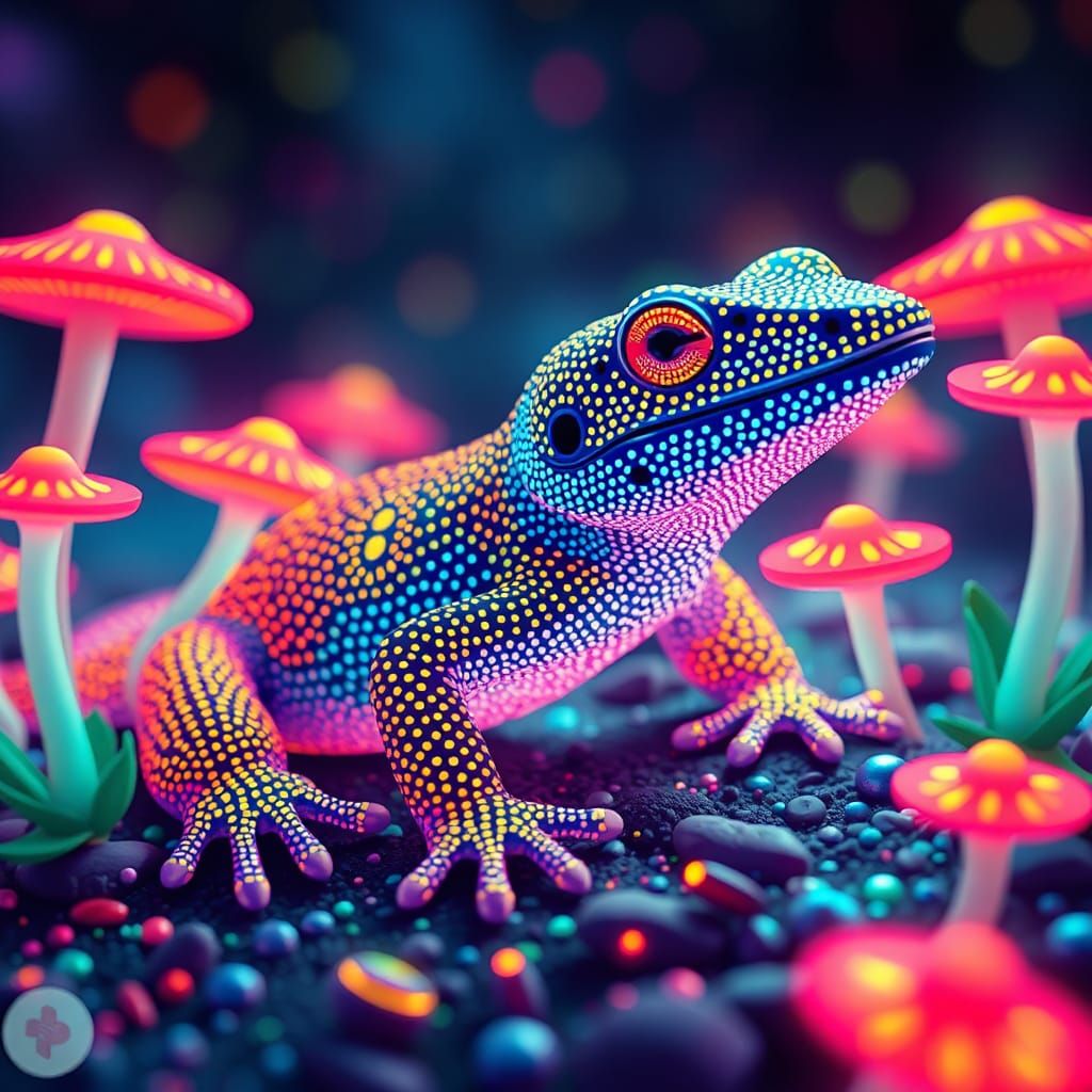 3D rendered Pointillism art :: florescent halftone pattern, full body, portrait of a attractive full body salamander i...