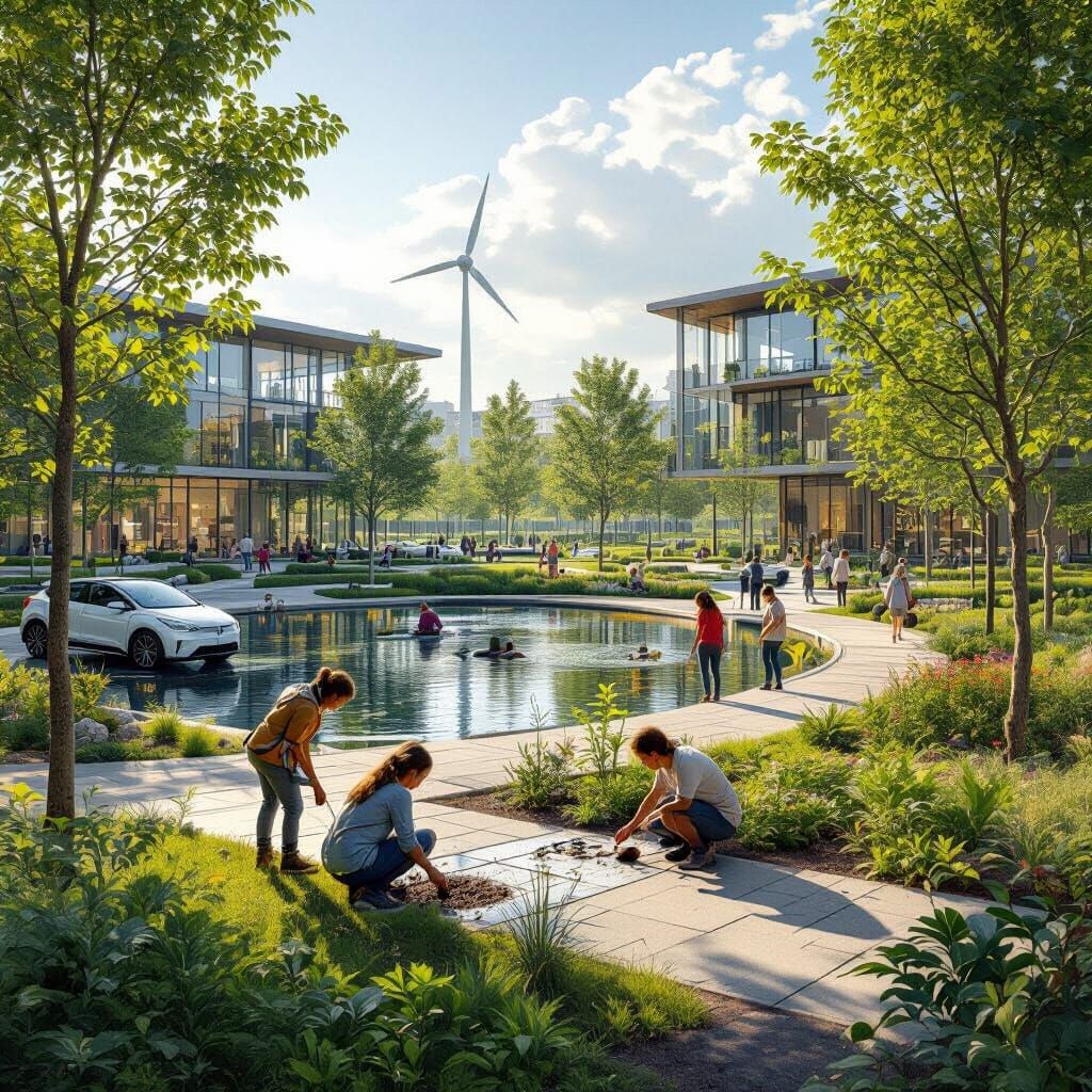 Lush Urban Park with Sustainable Futuristic Architecture