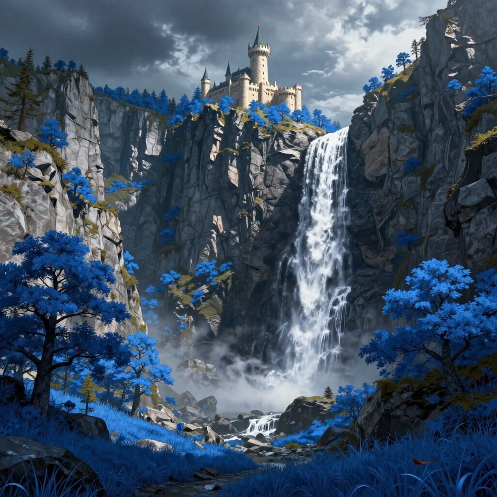 Blue Landscape with Medieval Castle and Waterfall