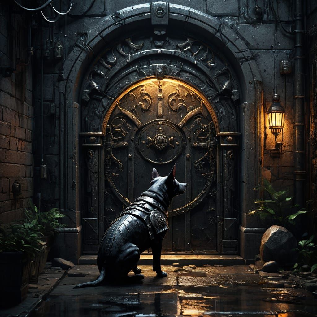 Anubis Guardian at Glowing Portal - Dark Fantasy Comic Style