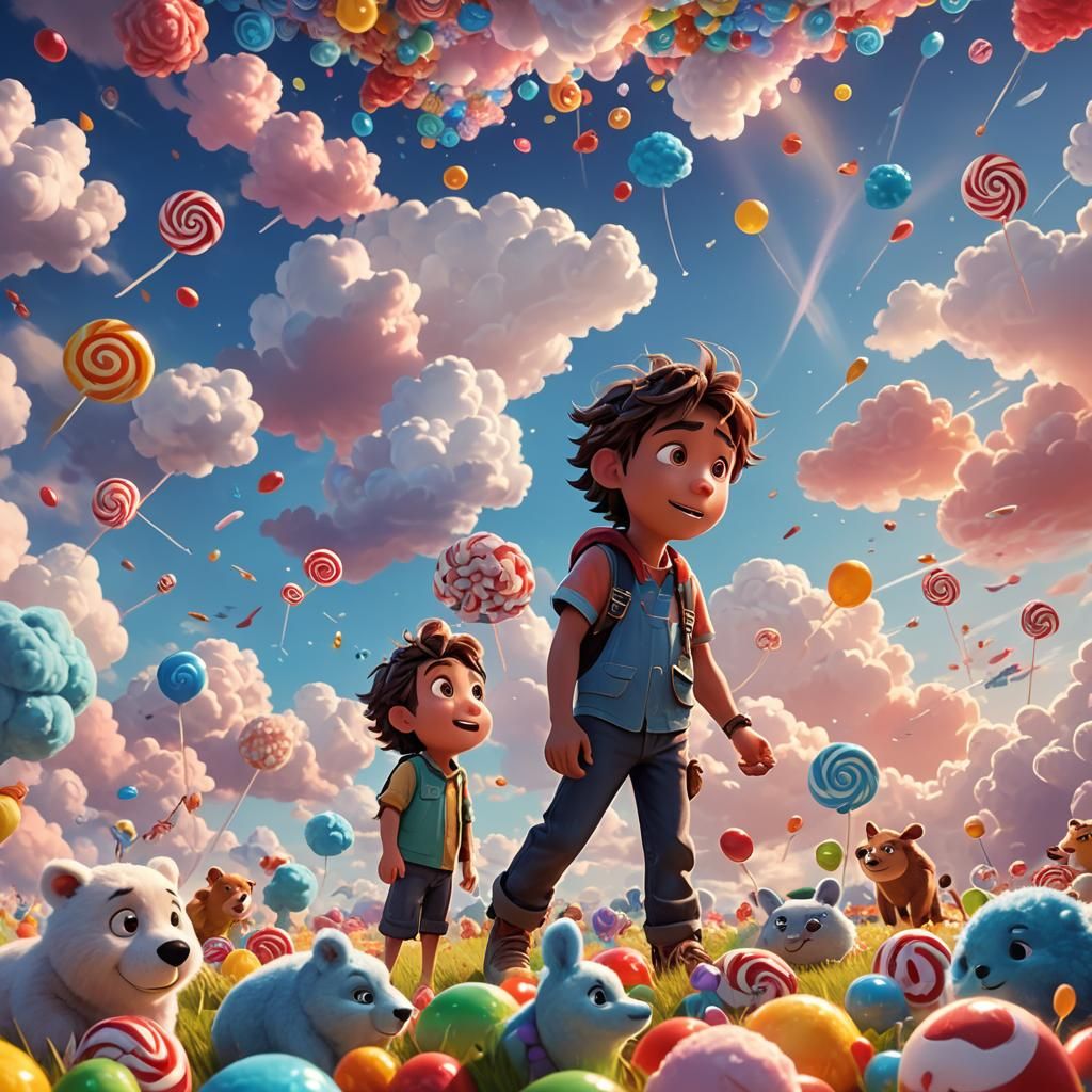 Child Gazing at Candy Clouds in Pixar Style