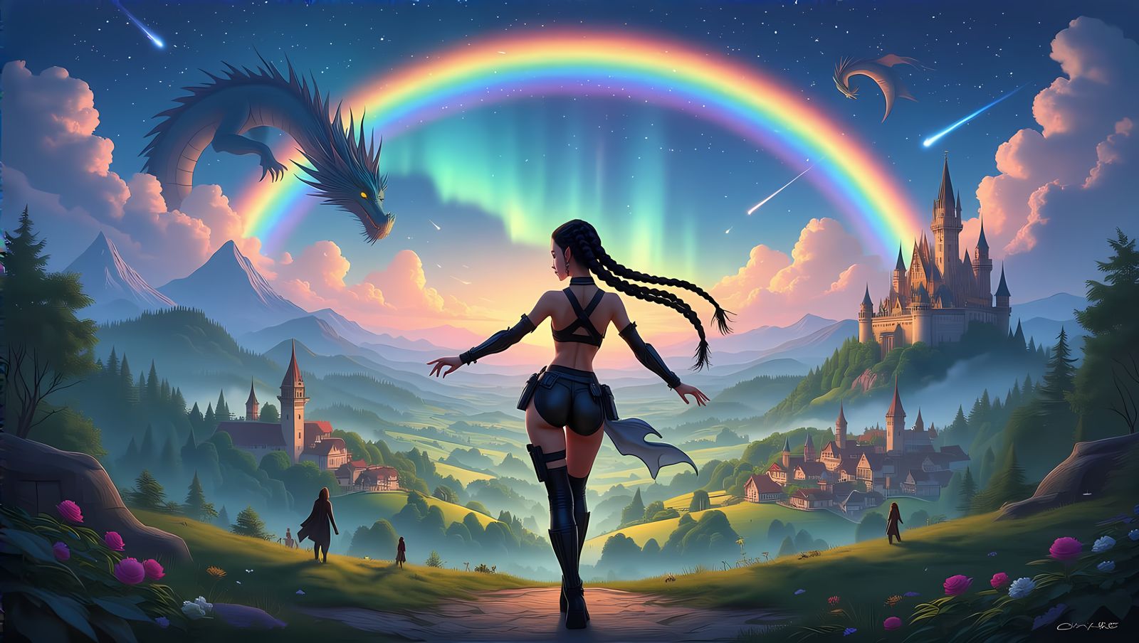 Surreal Fantasy Realm Unfolds Under Rainbow Skies