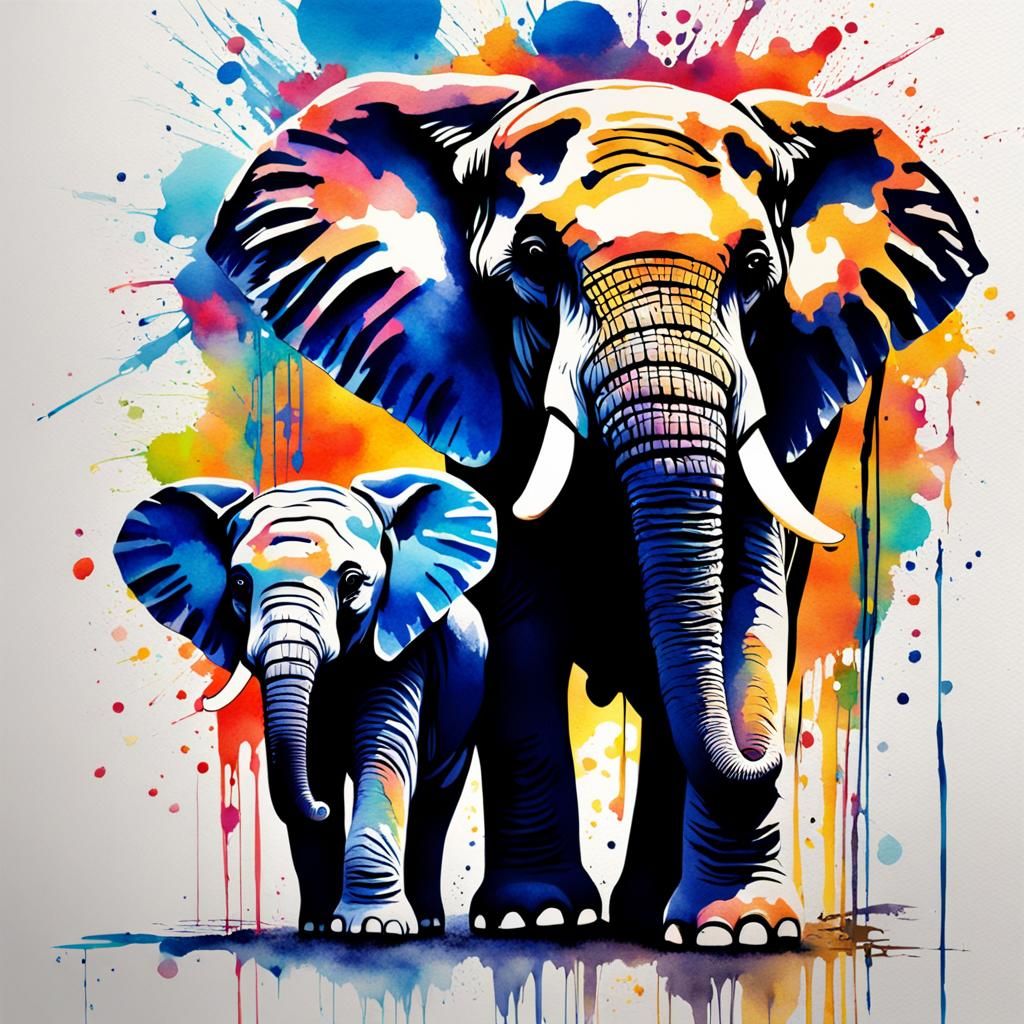 Elephant and Baby in Watercolour Graffiti Style