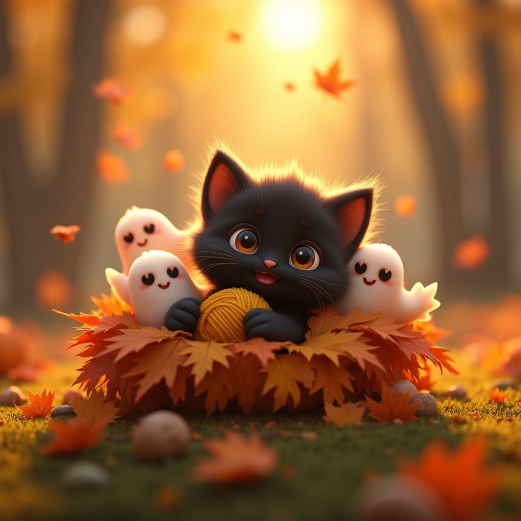 Cute Black Kitten with Ghosts and Stormtrooper in Autumn