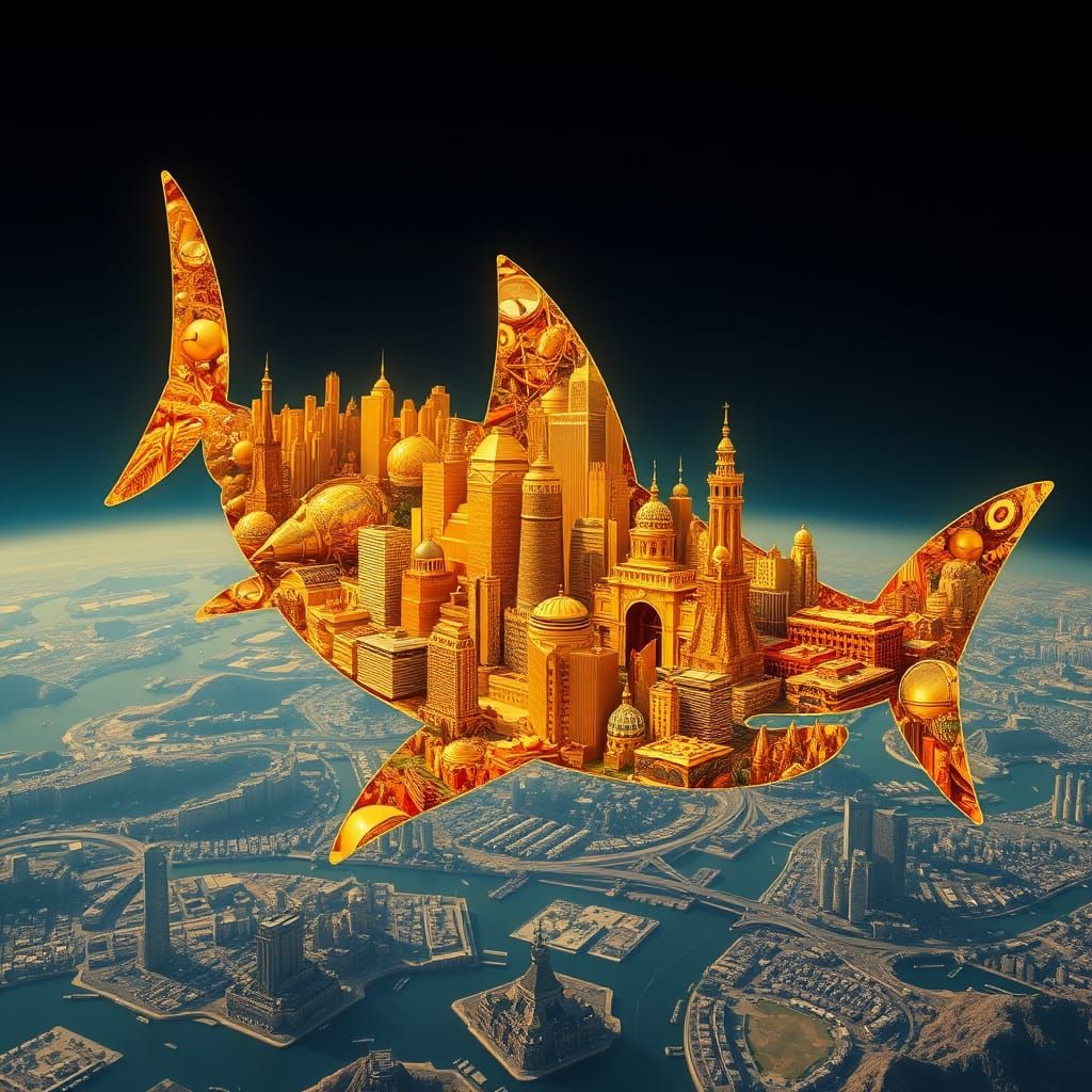 A shark shape made up with a view of a golden city that is b...