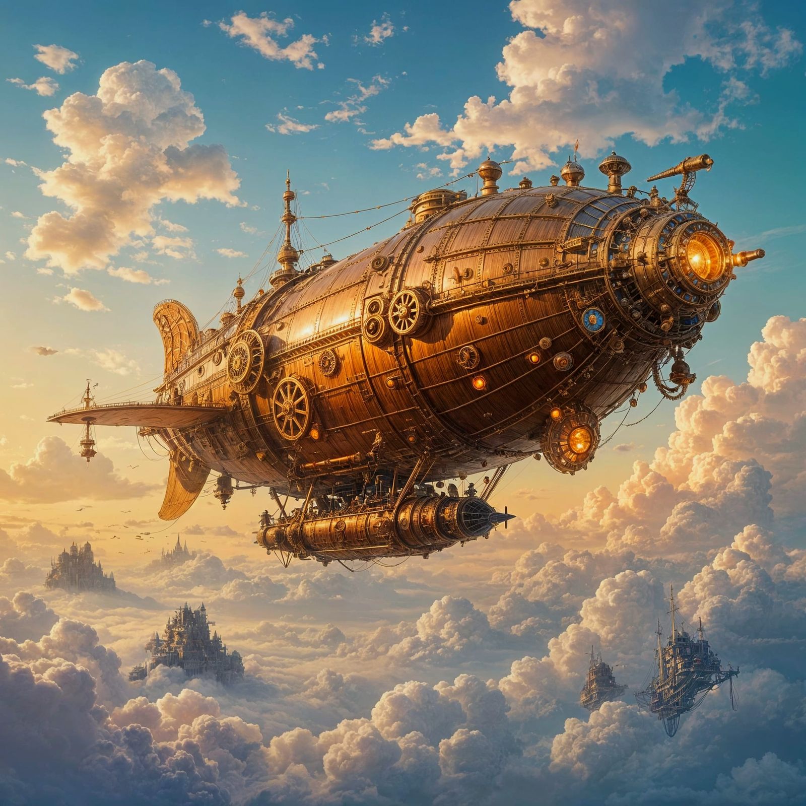 Steampunk Airship Soaring Through a Vibrant Sky