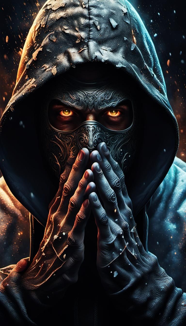 Hooded Figure in Dark Place with Divine Particles