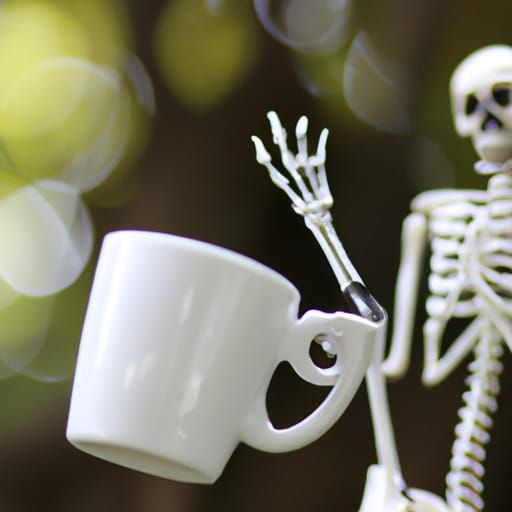 Skeleton Hand Holds Coffee Cup: Sharp Focus Photo