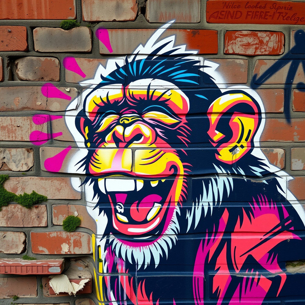 Stylized Monkey Graffiti Art on Brick Wall