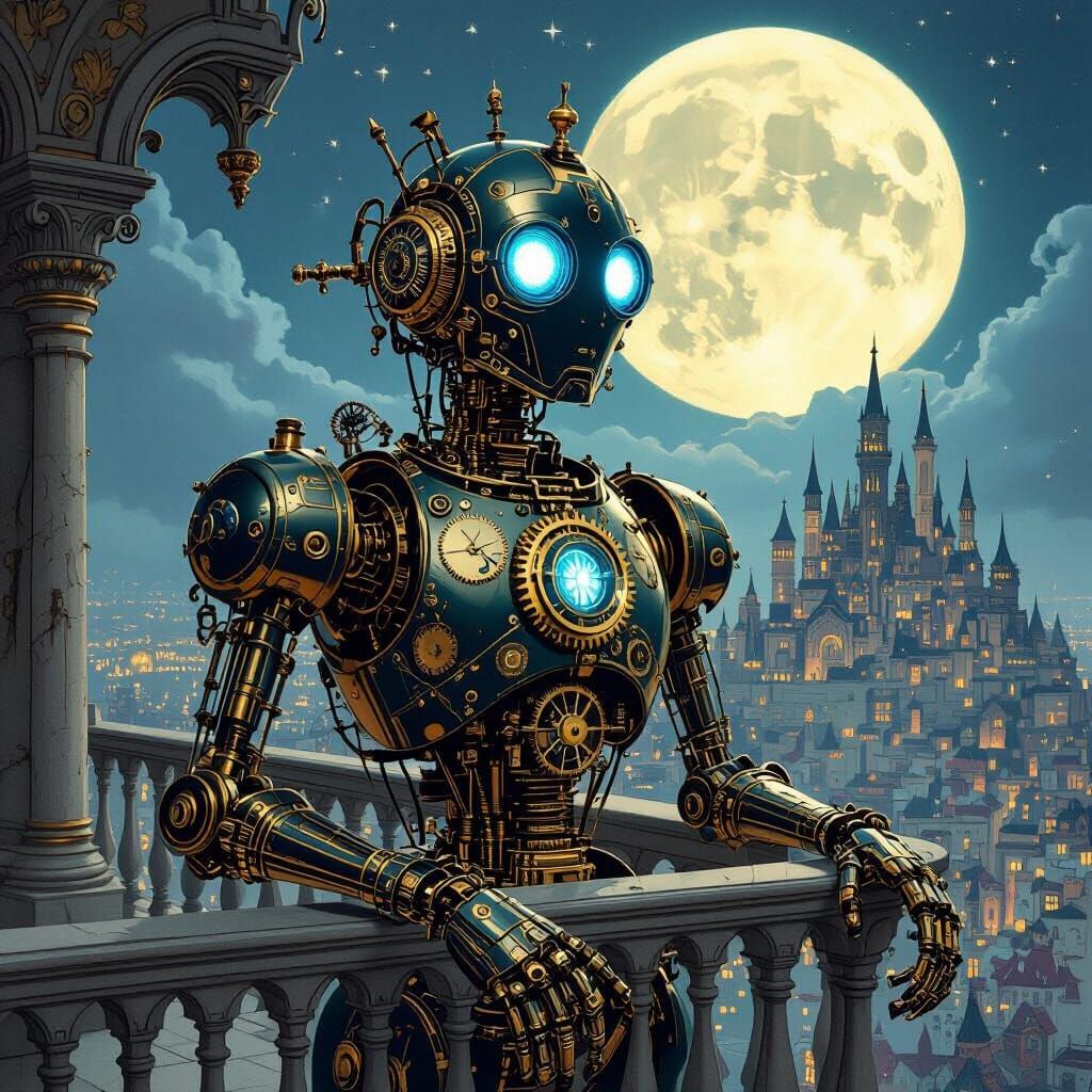 Regal Automaton Overlooks Fairytale City in Dark Illustratio...