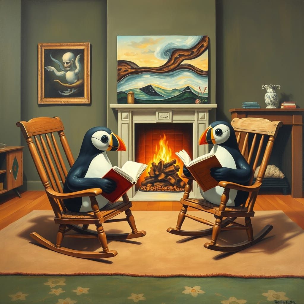 Claymation Puffins in Surreal MCM Living Room