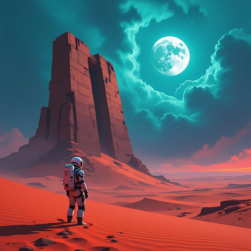 Alien Planet Explorer Views Ancient Ruin Under Nebula Sky