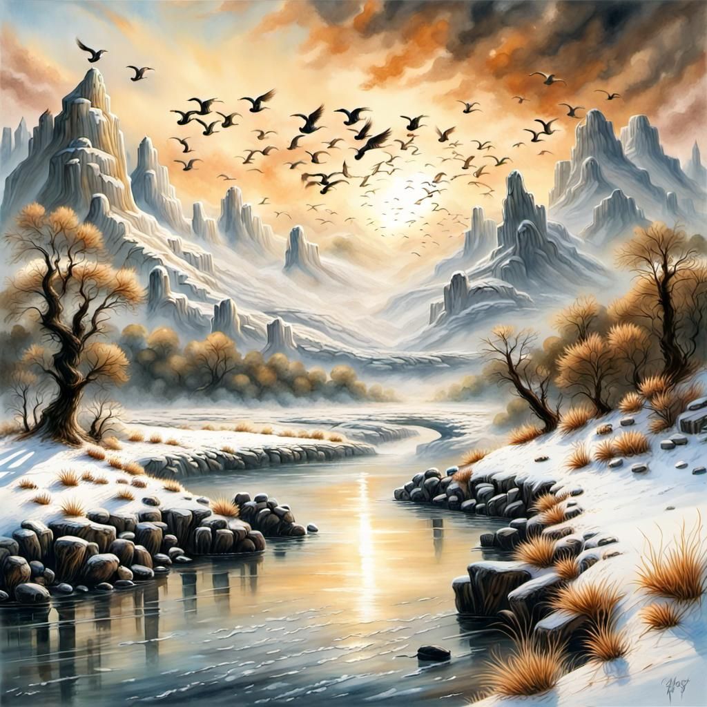 Birds Rise from River at Sunrise: Fantasy Illustration