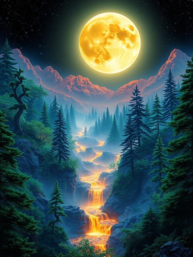 Ethereal Forest of Glowing Emerald Trees in a Mystical Hidde...