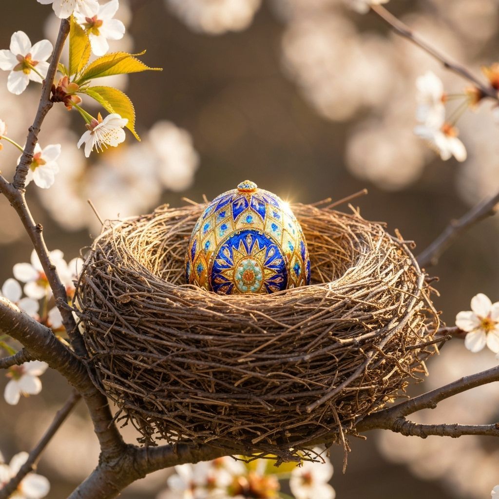 A nest on a branch, inside the nest is a highly detailed gli...
