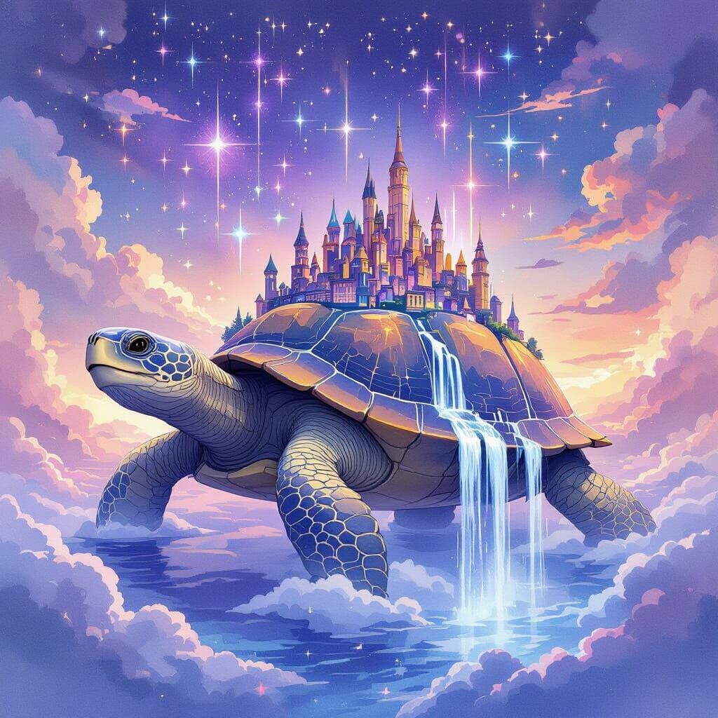 Fantasy City on Giant Turtle in Pastel Sky