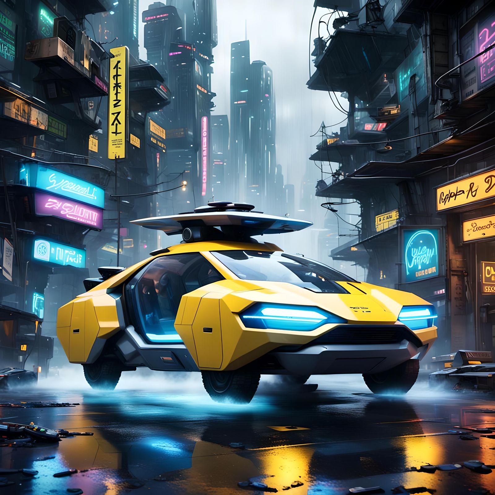 Futuristic Hovercar in a Rainy Cyberpunk Slum