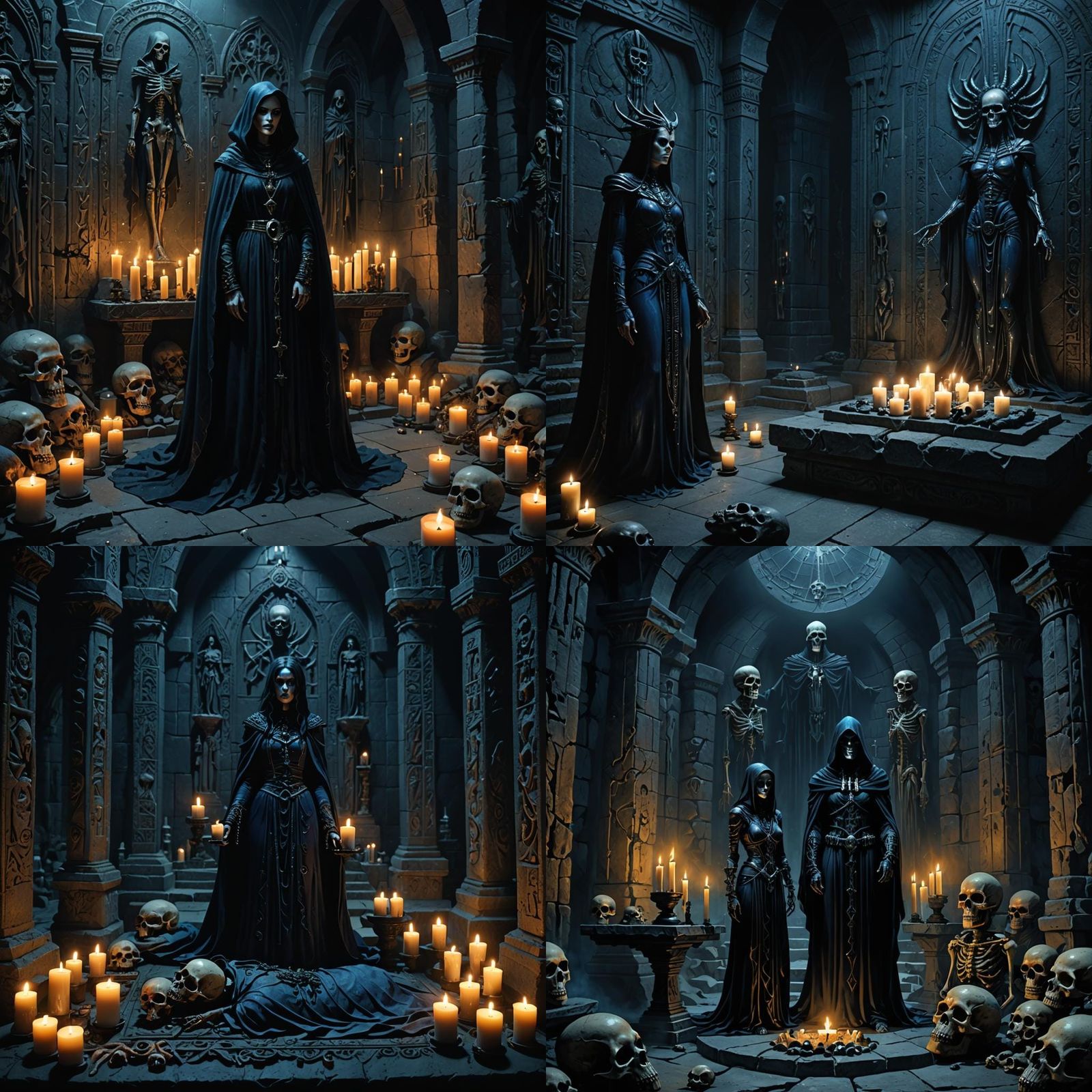 Dark Blue Priestess in Grim Ritual Chamber