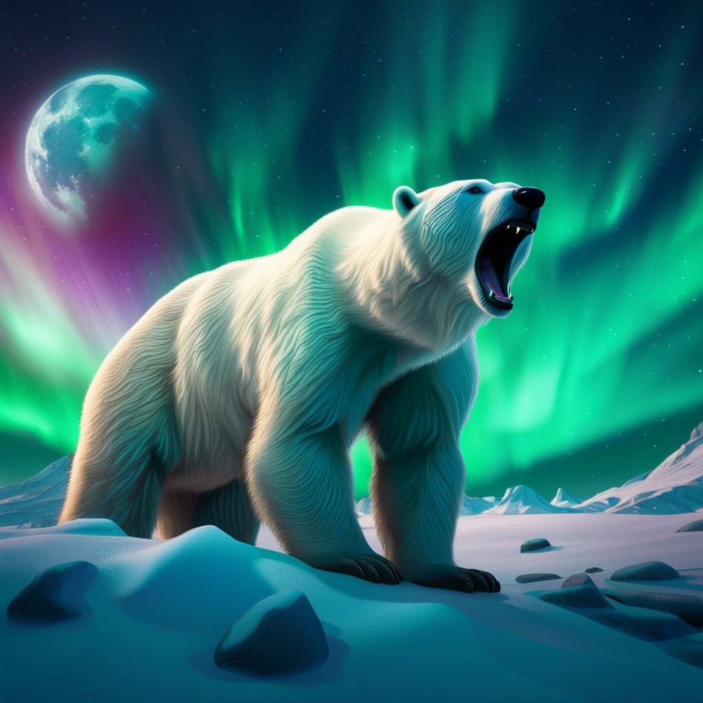 Polar Bear Roaring at Moon Under Northern Lights