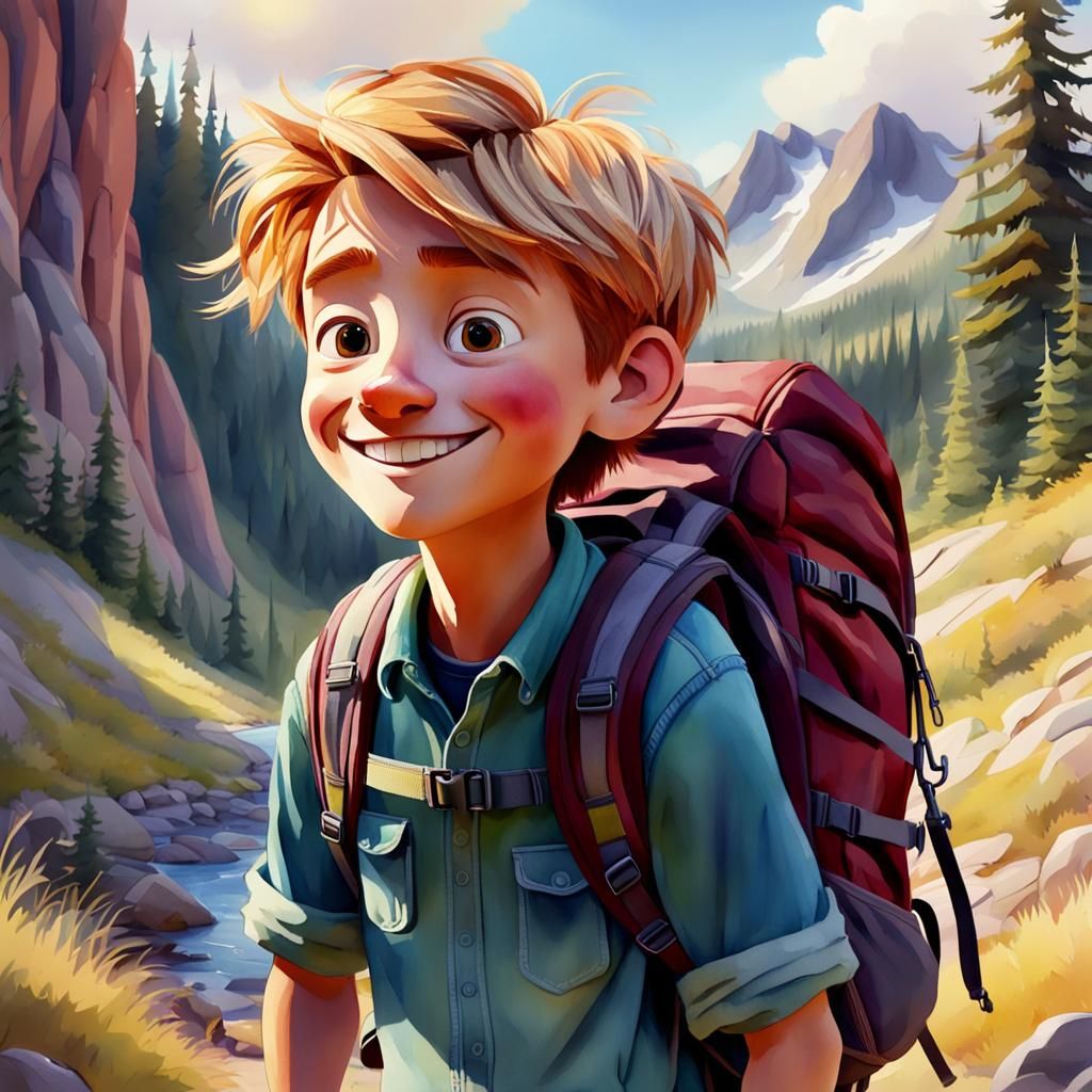 Pixar-Style Watercolor of a Canadian Boy Hiking