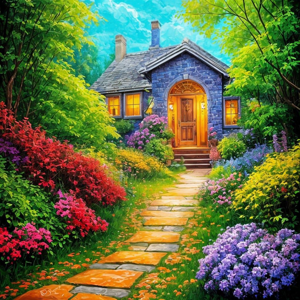 Charming Cottage Garden as Grungy Watercolor Art