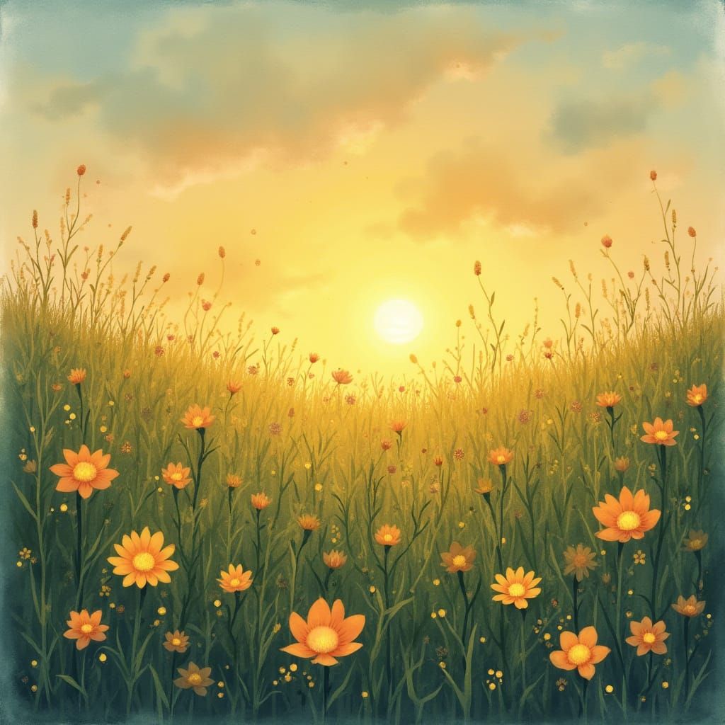 Surreal Pastel Watercolor of Bioluminescent Meadow Under Gol...